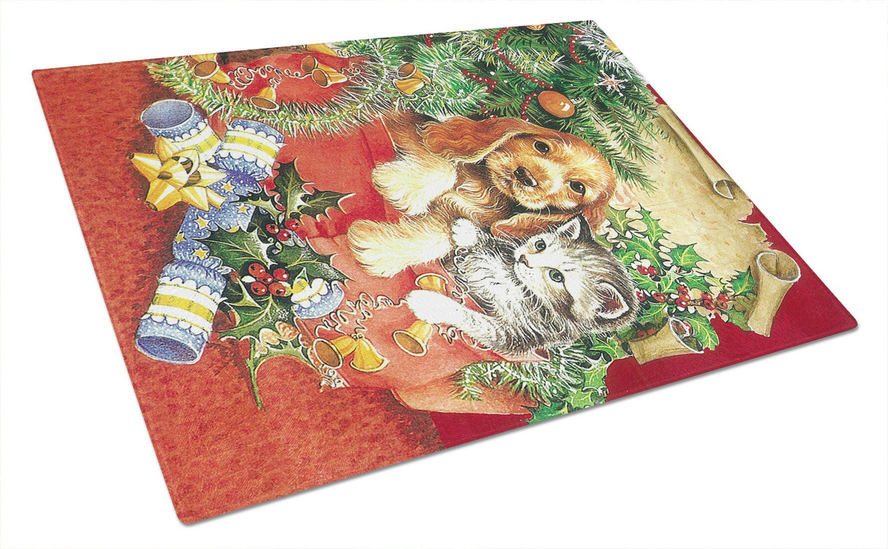 Christmas Puppy and Kitten Cutting Board Tempered Glass Kitchen Cutting Surface, Heat Resistant Chopping, Non-Slip Feet, Food Prep & Serving