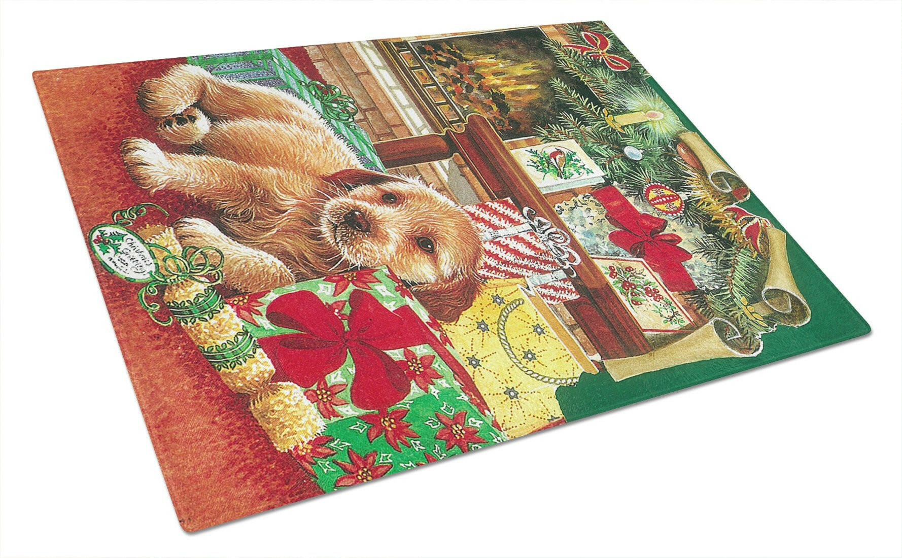 Christmas Puppy Cutting Board Tempered Glass Kitchen Cutting Surface, Heat Resistant Chopping, Non-Slip Feet, Food Prep & Serving