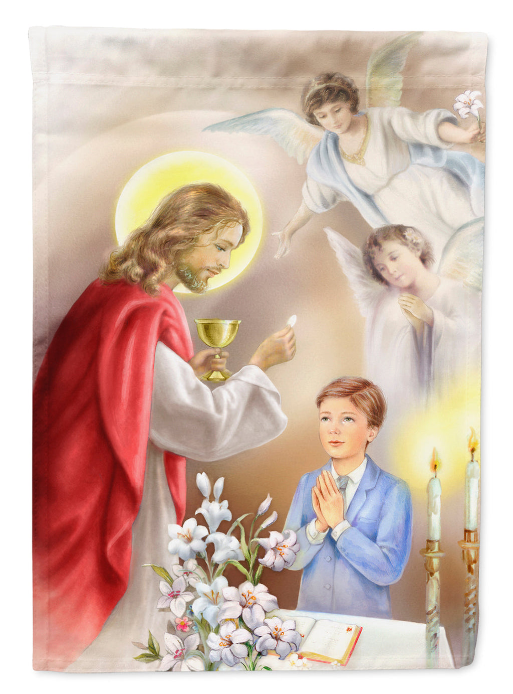 First Communion Boy House Flag 28x40 Porch Sleeve Pole Decorative Outside Yard Banner Artwork Wall Hanging, Polyester