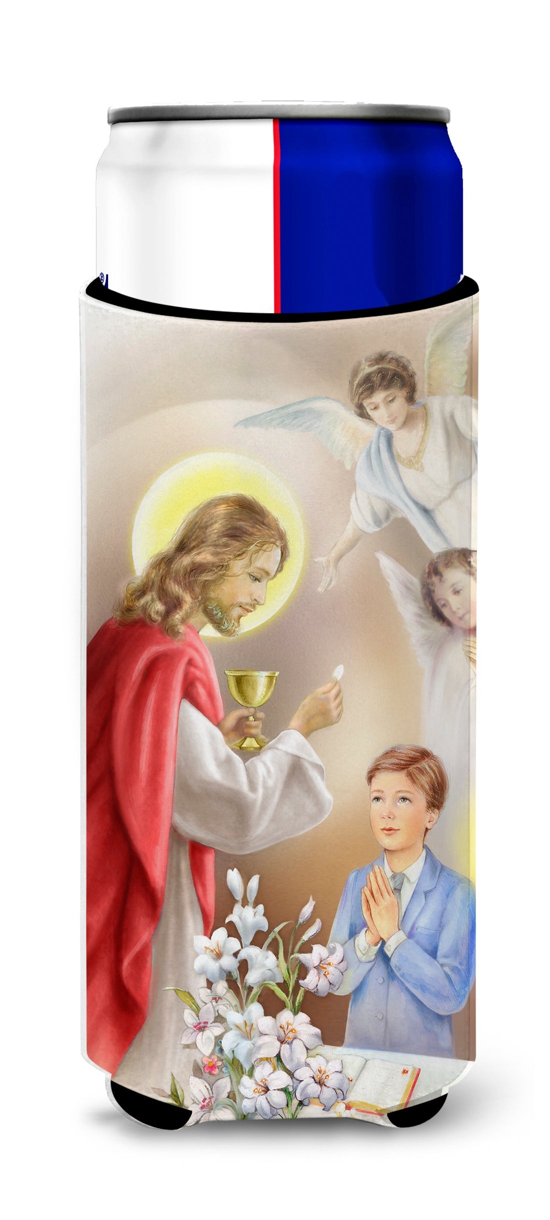 First Communion Boy Slim Can Hugger , Insulated Foam Hugger for 12 oz Slim Cans, Beer Bottles & Water Bottles, Printed in USA