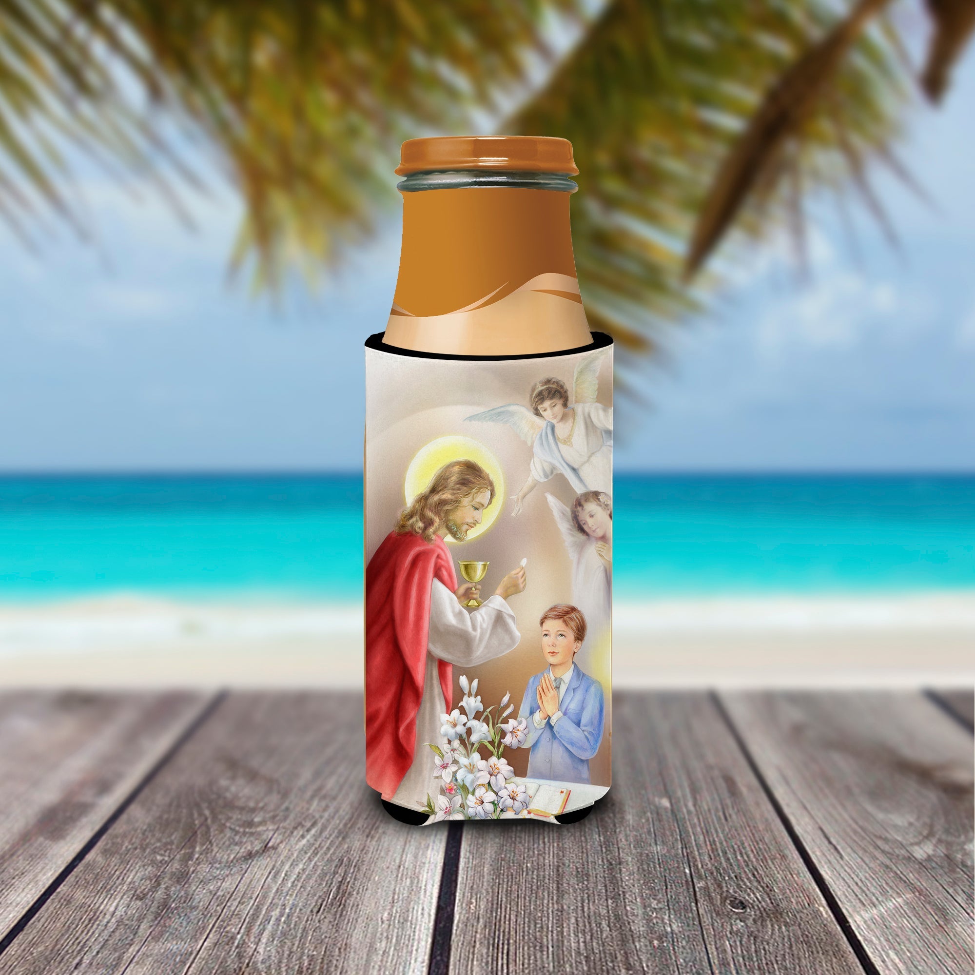 First Communion Boy Slim Can Hugger , Insulated Foam Hugger for 12 oz Slim Cans, Beer Bottles & Water Bottles, Printed in USA