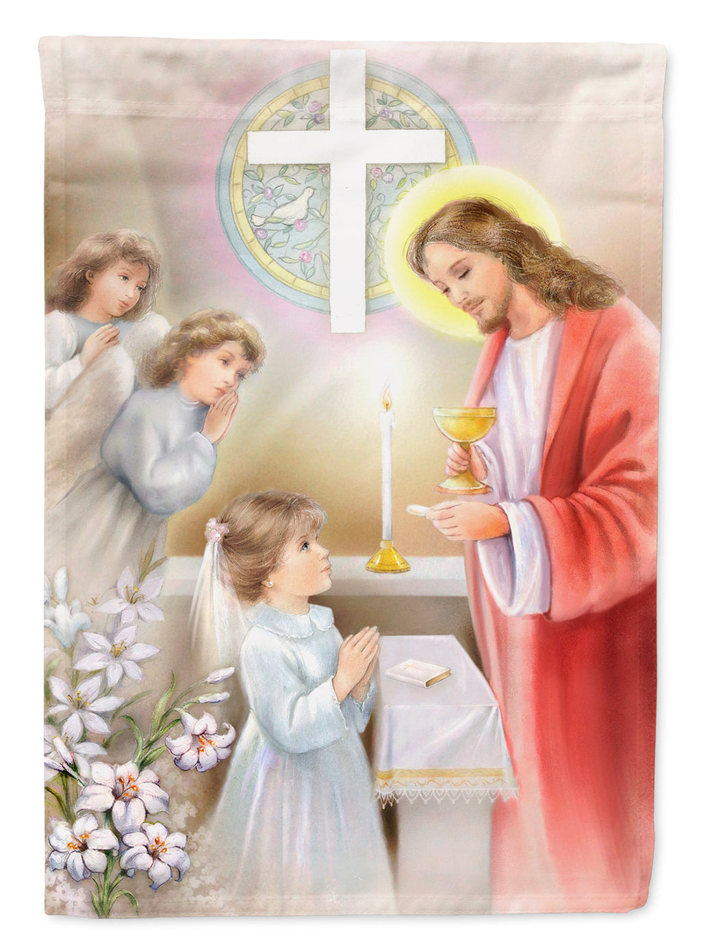 First Communion Girl House Flag 28x40 Porch Sleeve Pole Decorative Outside Yard Banner Artwork Wall Hanging, Polyester