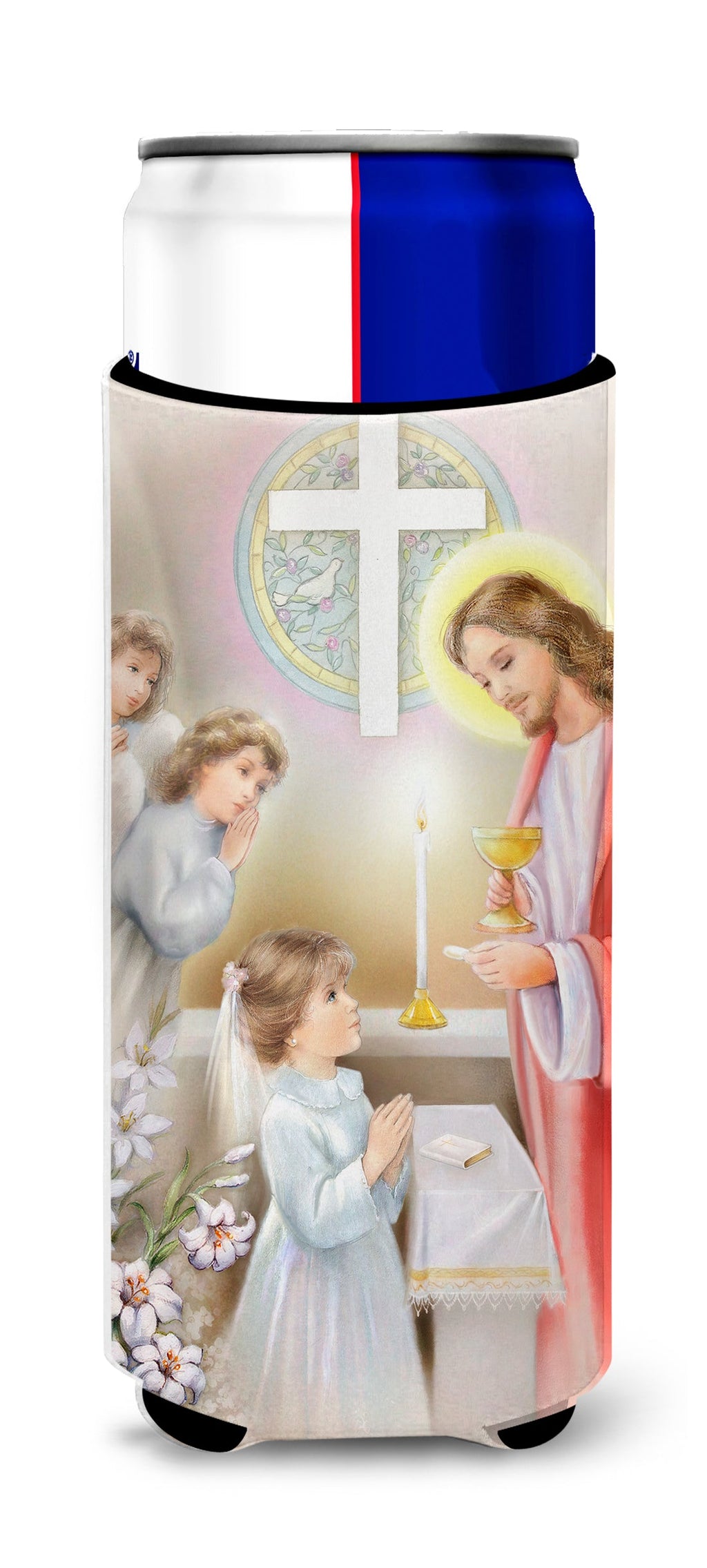 First Communion Girl Slim Can Hugger , Insulated Foam Hugger for 12 oz Slim Cans, Beer Bottles & Water Bottles, Printed in USA