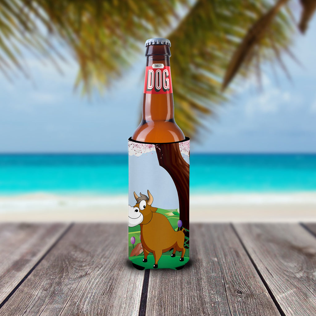 Bull under the Tree Slim Can Hugger , Insulated Foam Hugger for 12 oz Slim Cans, Beer Bottles & Water Bottles, Printed in USA