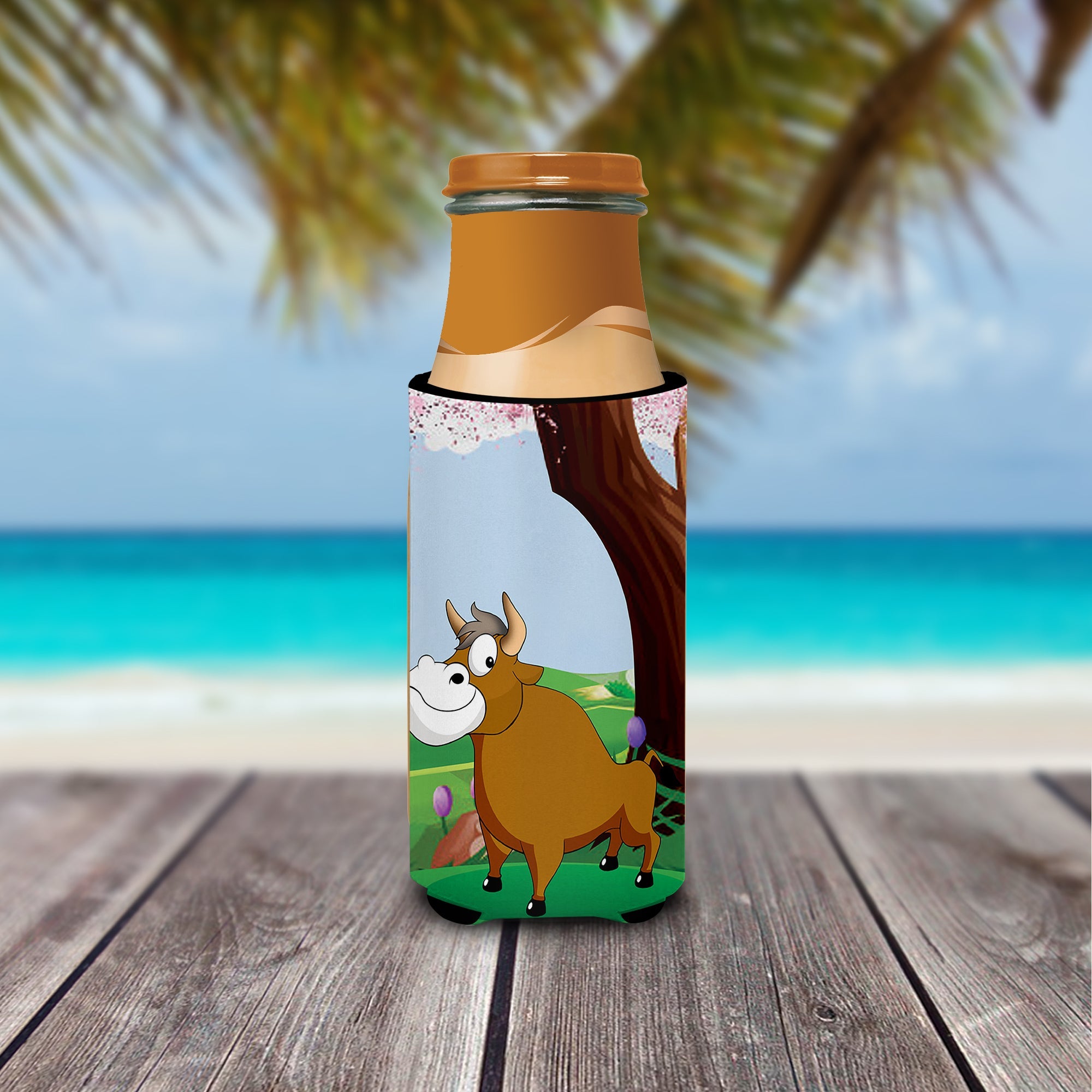 Bull under the Tree Slim Can Hugger , Insulated Foam Hugger for 12 oz Slim Cans, Beer Bottles & Water Bottles, Printed in USA