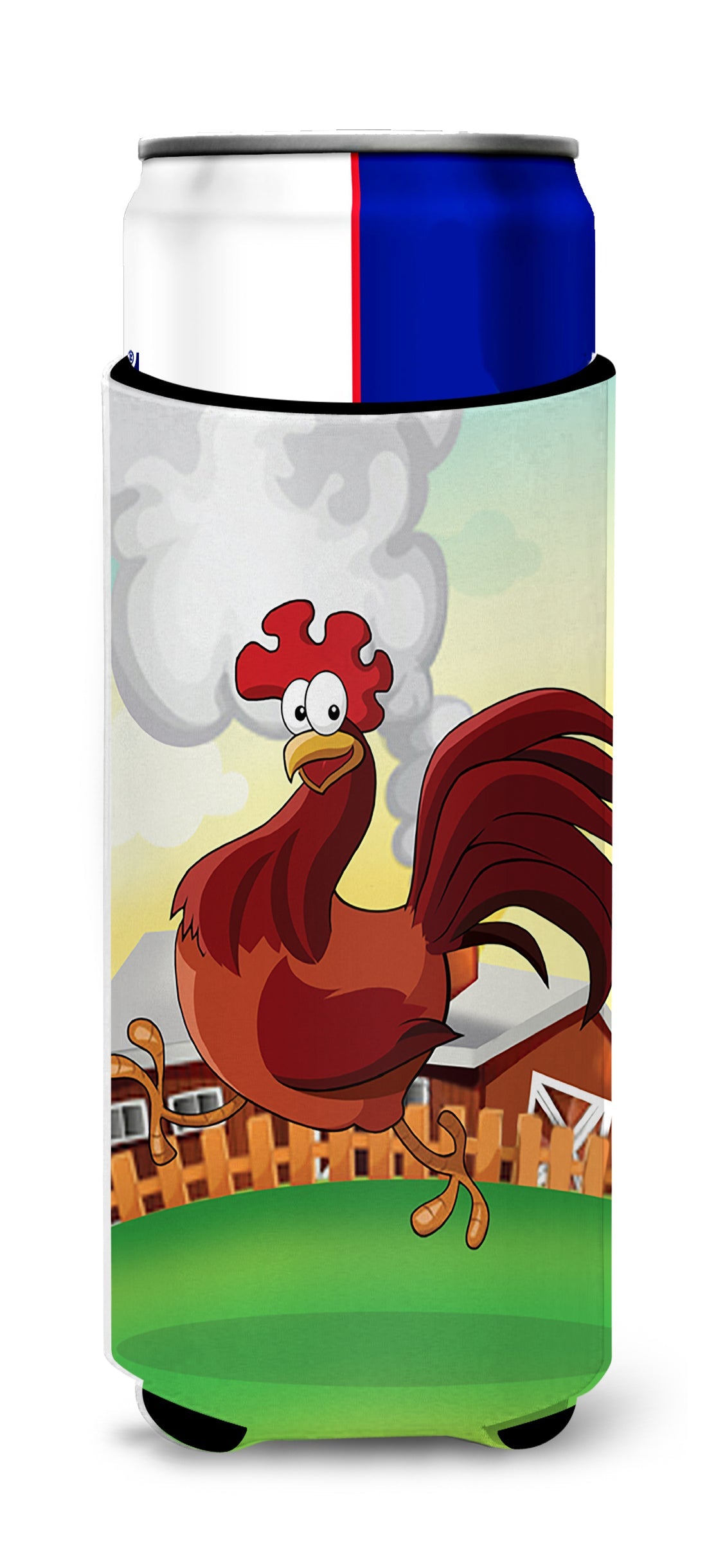 Rooster Chicken on the Run Slim Can Hugger , Insulated Foam Hugger for 12 oz Slim Cans, Beer Bottles & Water Bottles, Printed in USA