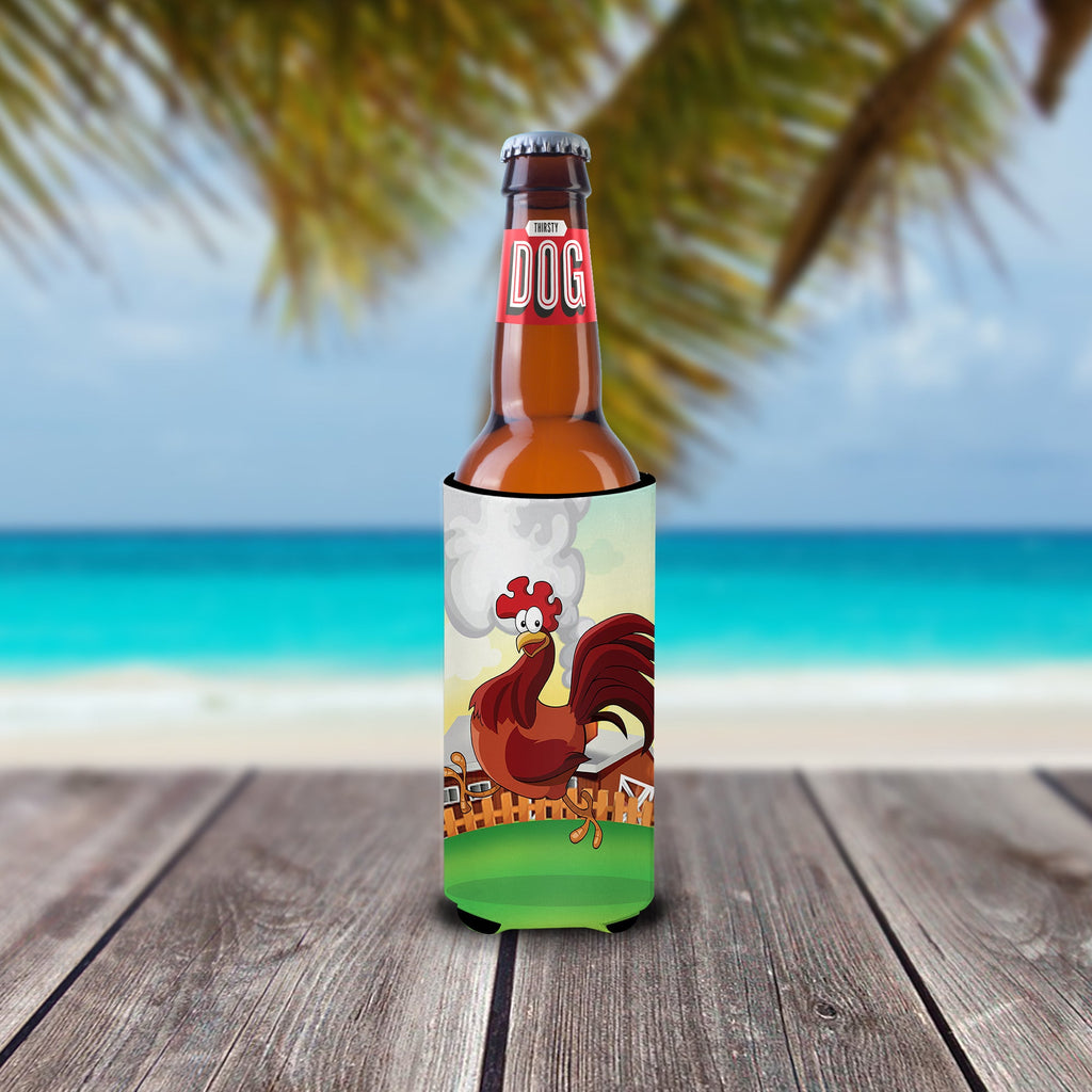 Rooster Chicken on the Run Slim Can Hugger , Insulated Foam Hugger for 12 oz Slim Cans, Beer Bottles & Water Bottles, Printed in USA