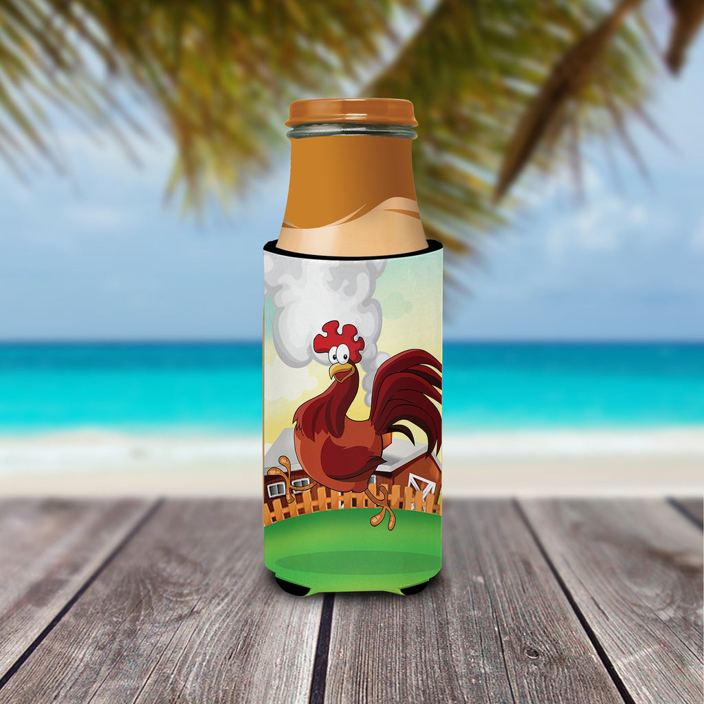 Rooster Chicken on the Run Slim Can Hugger , Insulated Foam Hugger for 12 oz Slim Cans, Beer Bottles & Water Bottles, Printed in USA