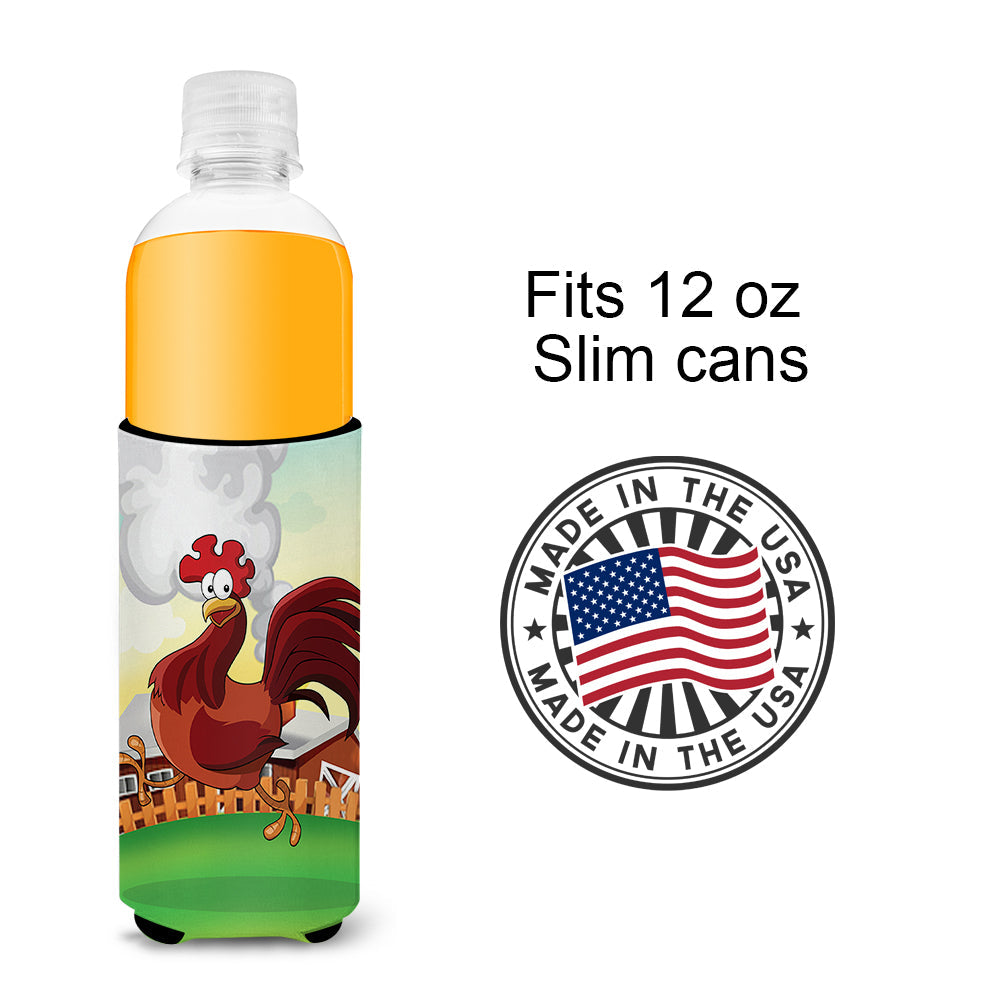 Rooster Chicken on the Run Slim Can Hugger , Insulated Foam Hugger for 12 oz Slim Cans, Beer Bottles & Water Bottles, Printed in USA