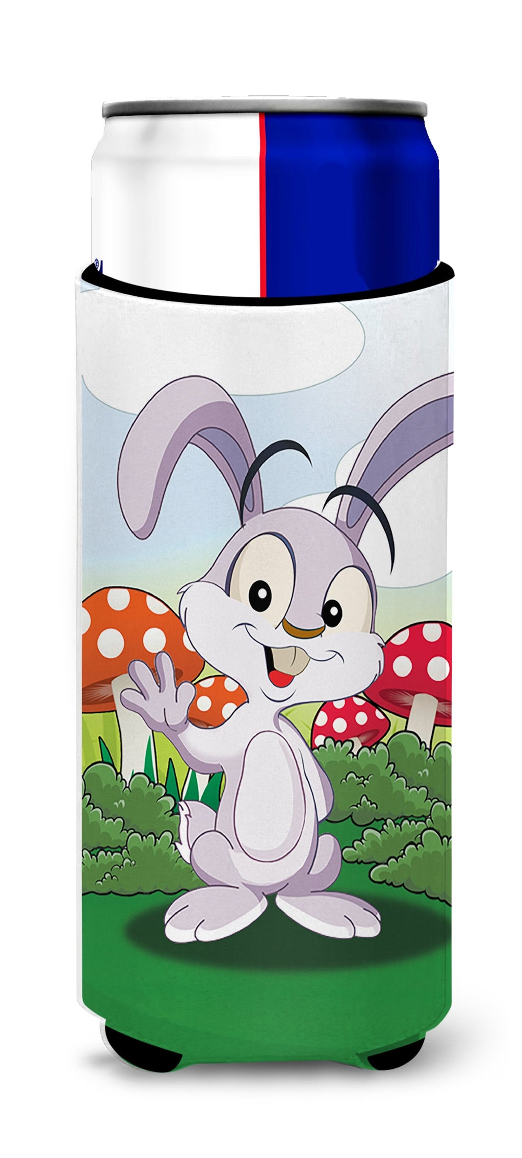 Bunny Rabbit in Mushrooms Slim Can Hugger , Insulated Foam Hugger for 12 oz Slim Cans, Beer Bottles & Water Bottles, Printed in USA