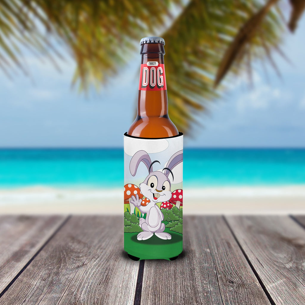 Bunny Rabbit in Mushrooms Slim Can Hugger , Insulated Foam Hugger for 12 oz Slim Cans, Beer Bottles & Water Bottles, Printed in USA
