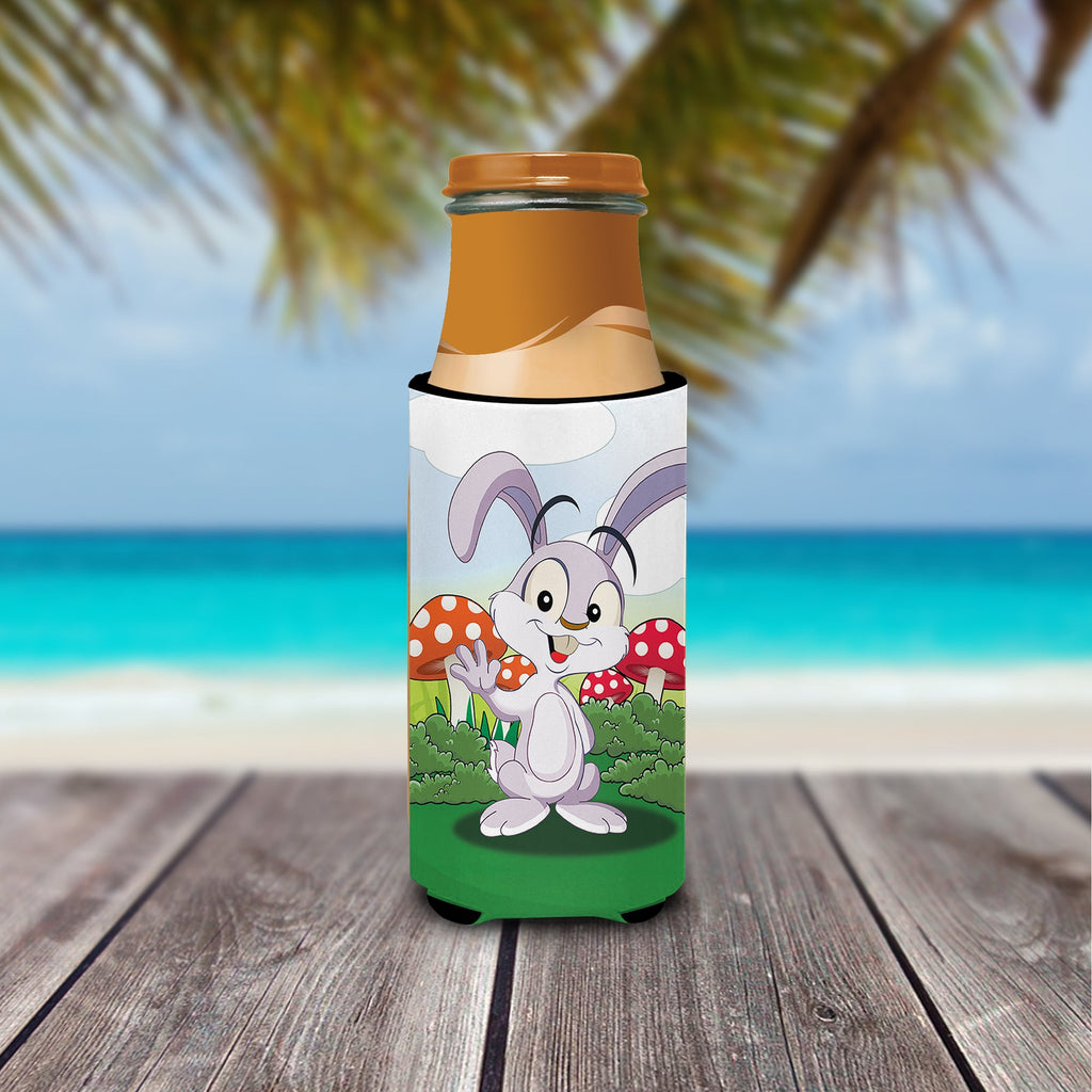 Bunny Rabbit in Mushrooms Slim Can Hugger , Insulated Foam Hugger for 12 oz Slim Cans, Beer Bottles & Water Bottles, Printed in USA