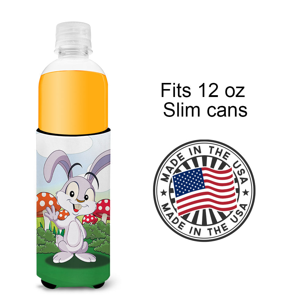 Bunny Rabbit in Mushrooms Slim Can Hugger , Insulated Foam Hugger for 12 oz Slim Cans, Beer Bottles & Water Bottles, Printed in USA