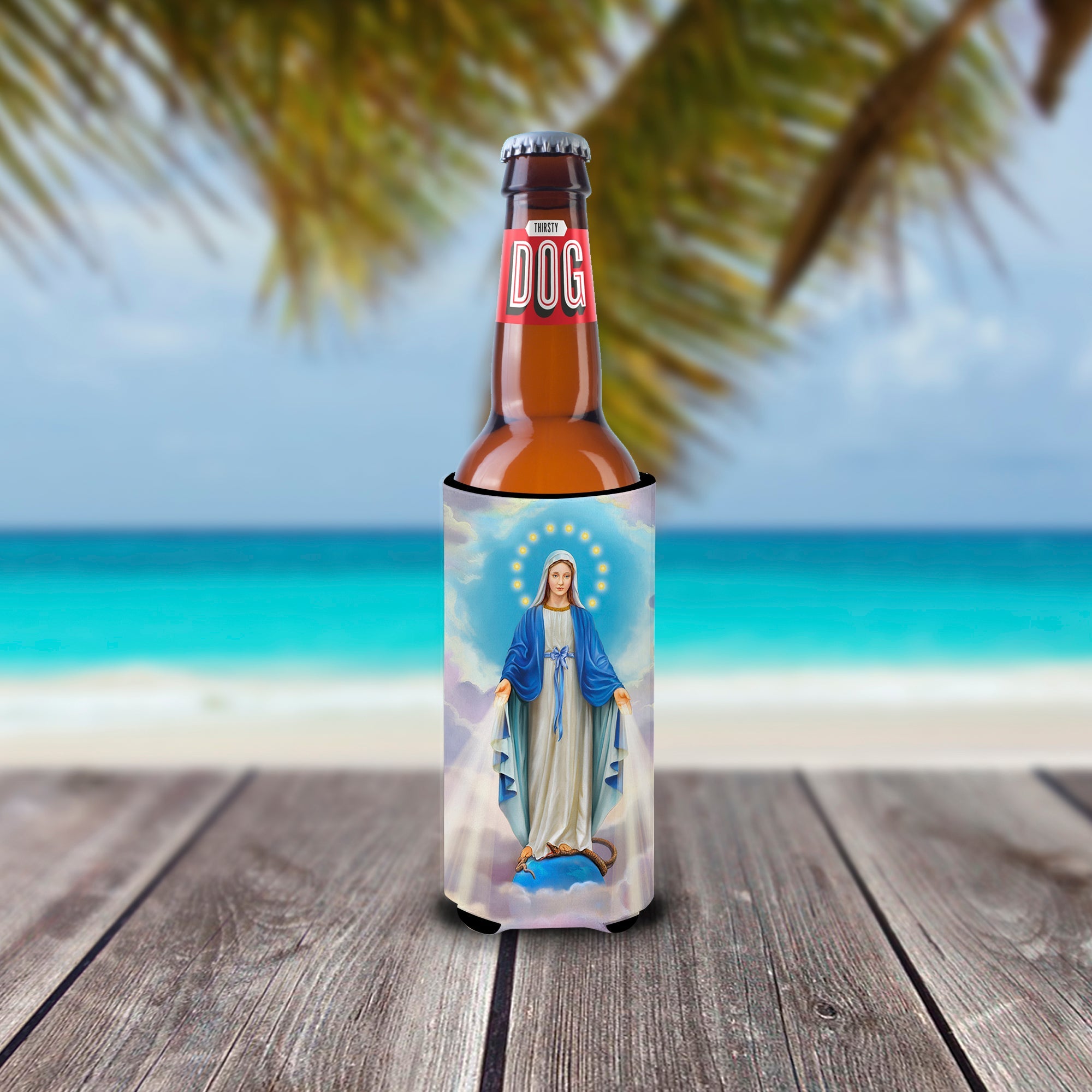 Religious Blessed Virgin Mother Mary Slim Can Hugger , Insulated Foam Hugger for 12 oz Slim Cans, Beer Bottles & Water Bottles, Printed in USA