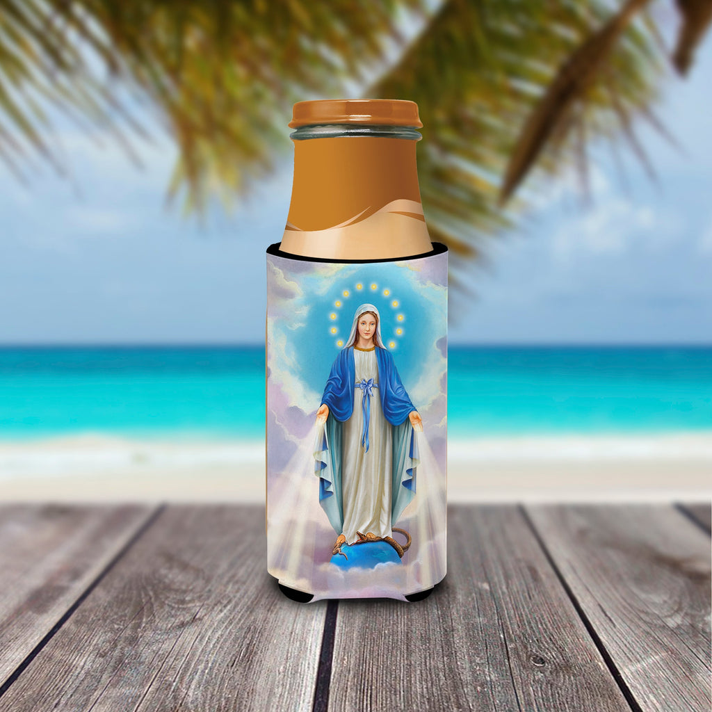 Religious Blessed Virgin Mother Mary Slim Can Hugger , Insulated Foam Hugger for 12 oz Slim Cans, Beer Bottles & Water Bottles, Printed in USA