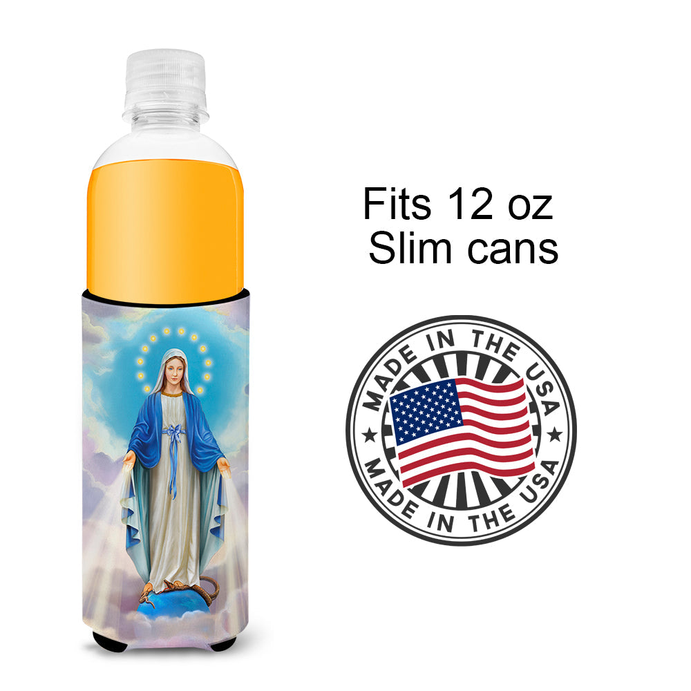 Religious Blessed Virgin Mother Mary Slim Can Hugger , Insulated Foam Hugger for 12 oz Slim Cans, Beer Bottles & Water Bottles, Printed in USA