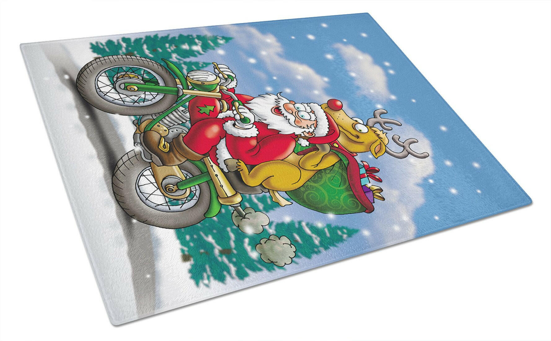 Christmas Santa Claus on a Motorcycle Cutting Board Tempered Glass Kitchen Cutting Surface, Heat Resistant Chopping, Non-Slip Feet, Food Prep & Serving