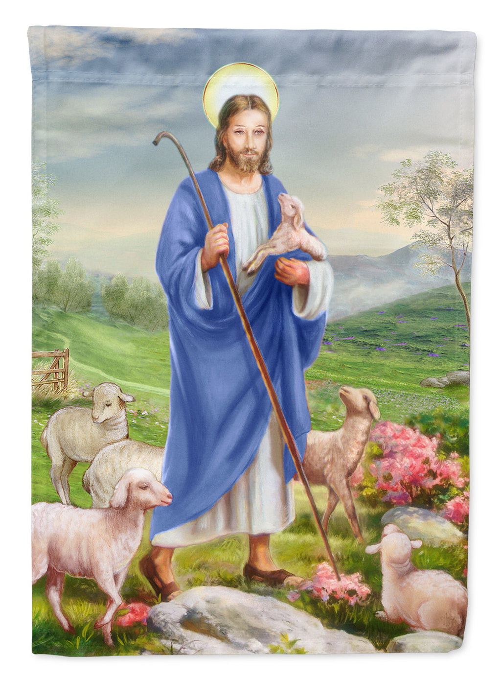Jesus the Shepherd and his flock of sheep House Flag 28x40 Porch Sleeve Pole Decorative Outside Yard Banner Artwork Wall Hanging, Polyester