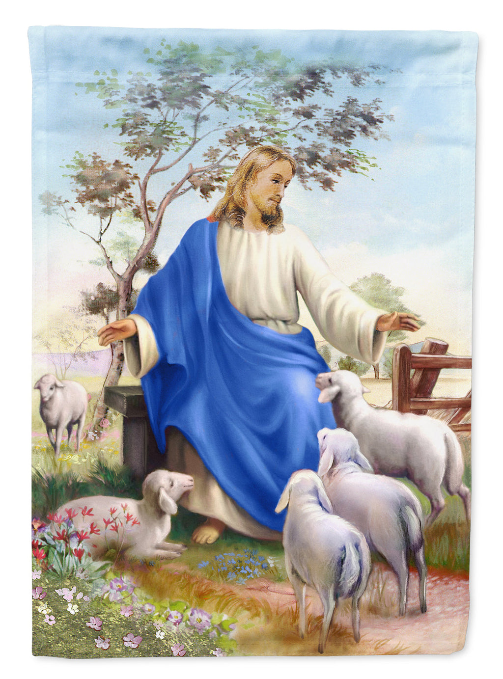 Jesus and his flock of sheep House Flag 28x40 Porch Sleeve Pole Decorative Outside Yard Banner Artwork Wall Hanging, Polyester