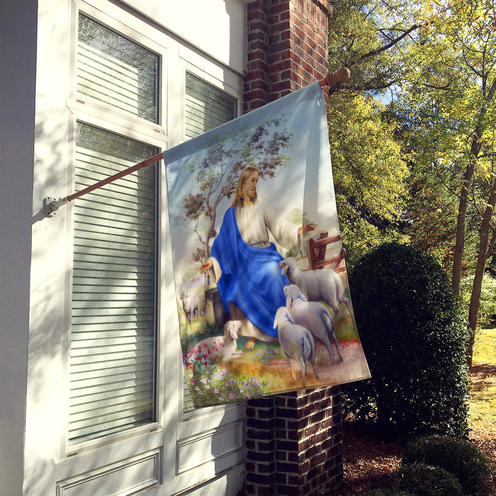 Jesus and his flock of sheep House Flag 28x40 Porch Sleeve Pole Decorative Outside Yard Banner Artwork Wall Hanging, Polyester