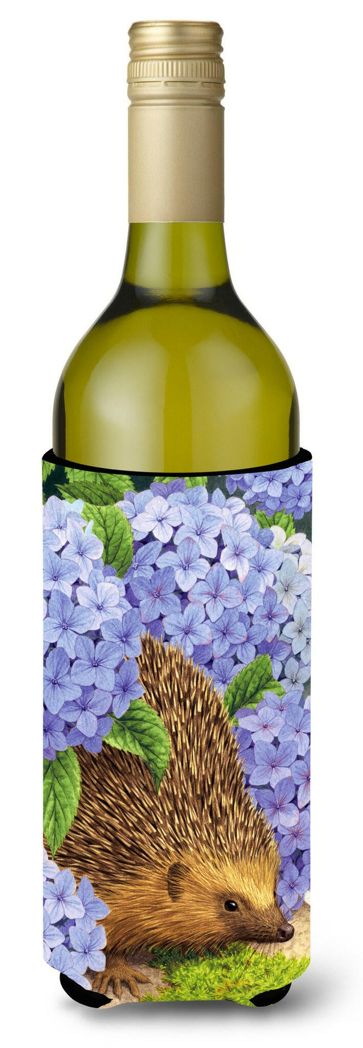 Hedgehog & Hydrangea Wine Bottle Hugger Gift Sleeve for Standard 750 ml Bottles, Insulated Reusable Also Fits Mini Shot & Pint Bottles