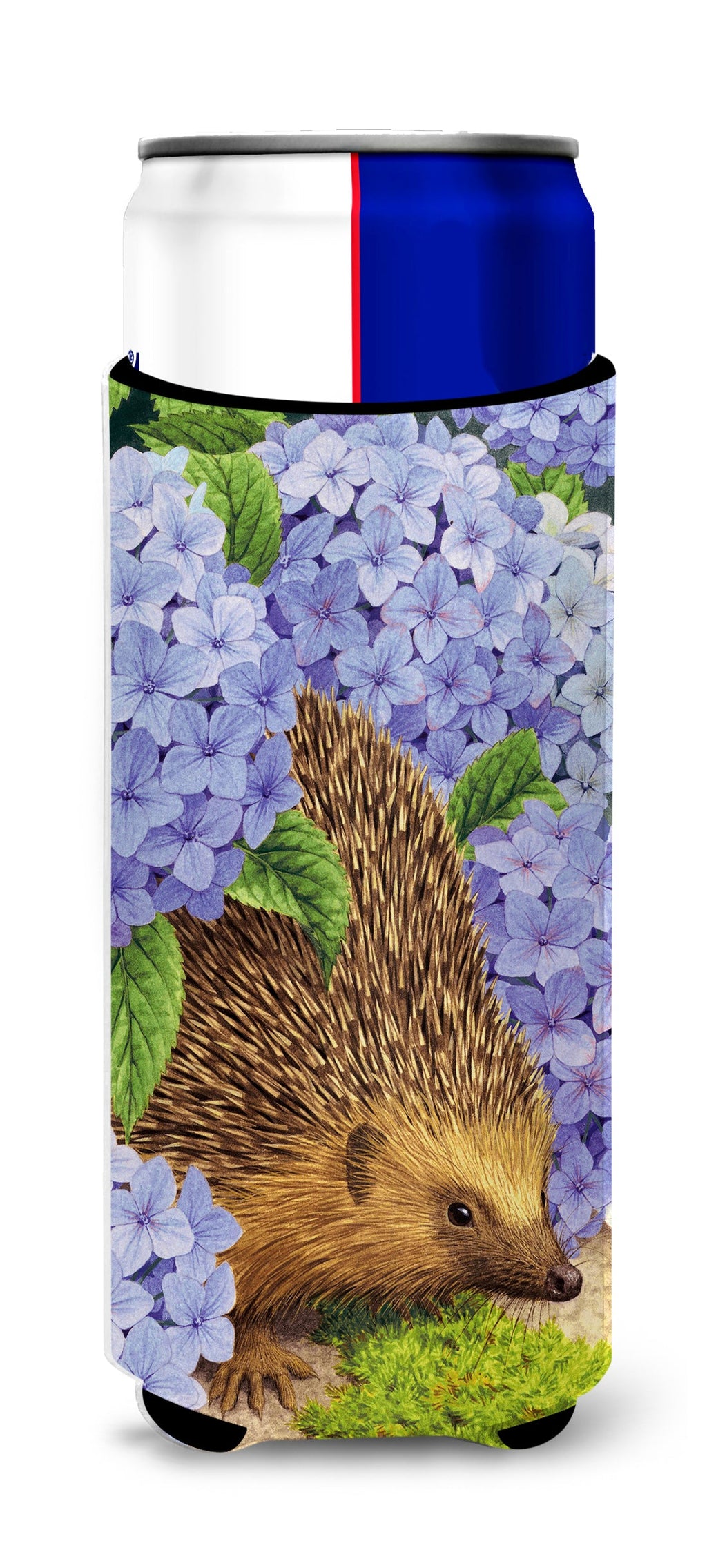 Hedgehog & Hydrangea Slim Can Hugger , Insulated Foam Hugger for 12 oz Slim Cans, Beer Bottles & Water Bottles, Printed in USA