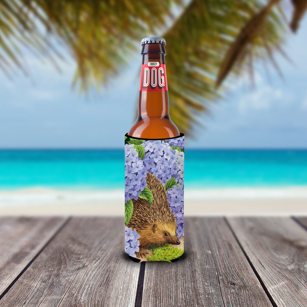 Hedgehog & Hydrangea Slim Can Hugger , Insulated Foam Hugger for 12 oz Slim Cans, Beer Bottles & Water Bottles, Printed in USA