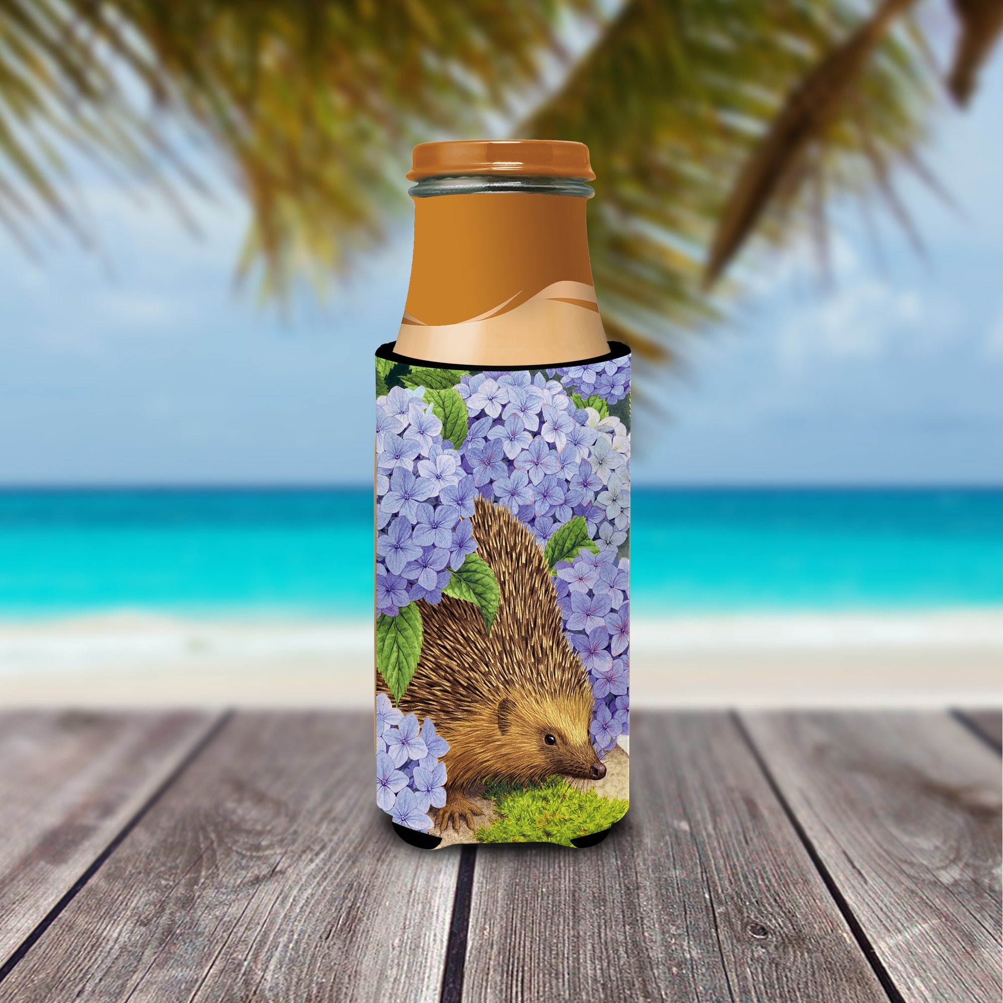 Hedgehog & Hydrangea Slim Can Hugger , Insulated Foam Hugger for 12 oz Slim Cans, Beer Bottles & Water Bottles, Printed in USA