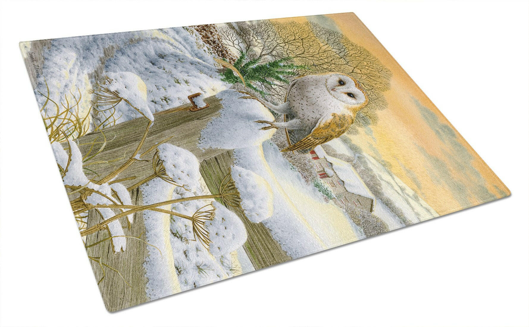 Sunset Barn Owl Cutting Board Tempered Glass Kitchen Cutting Surface, Heat Resistant Chopping, Non-Slip Feet, Food Prep & Serving