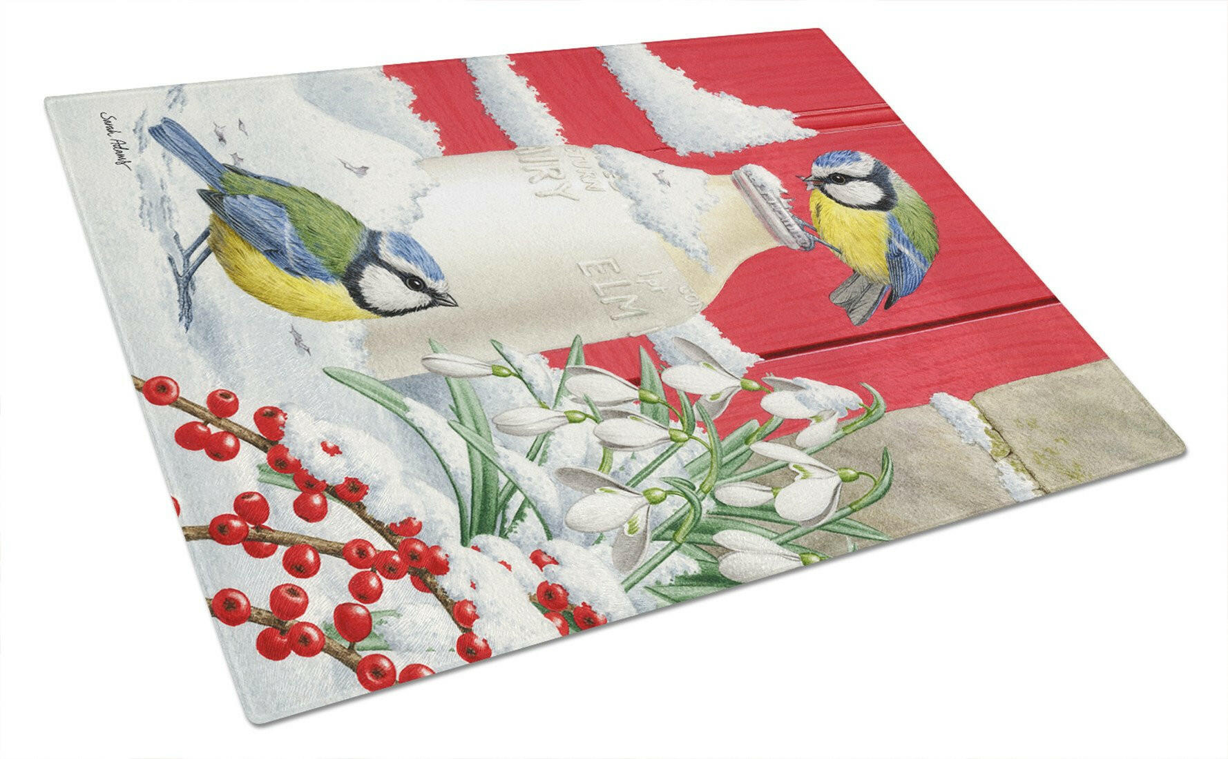Eurasian Blue Tits Birds & Milk Bottles Cutting Board Tempered Glass Kitchen Cutting Surface, Heat Resistant Chopping, Non-Slip Feet, Food Prep & Serving