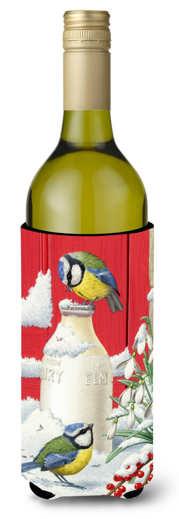 Eurasian Blue Tits Birds & Milk Bottles Wine Bottle Hugger Gift Sleeve for Standard 750 ml Bottles, Insulated Reusable Also Fits Mini Shot & Pint Bottles