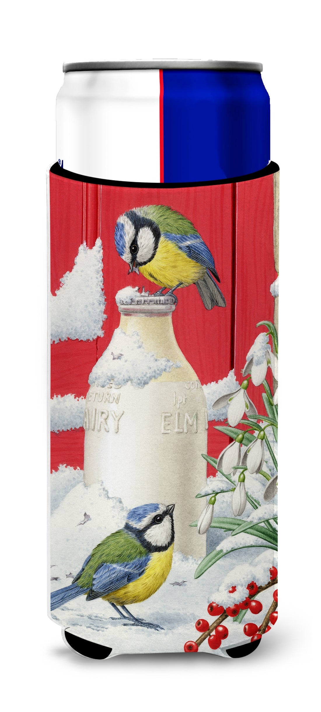 Eurasian Blue Tits Birds & Milk Bottles Slim Can Hugger , Insulated Foam Hugger for 12 oz Slim Cans, Beer Bottles & Water Bottles, Printed in USA