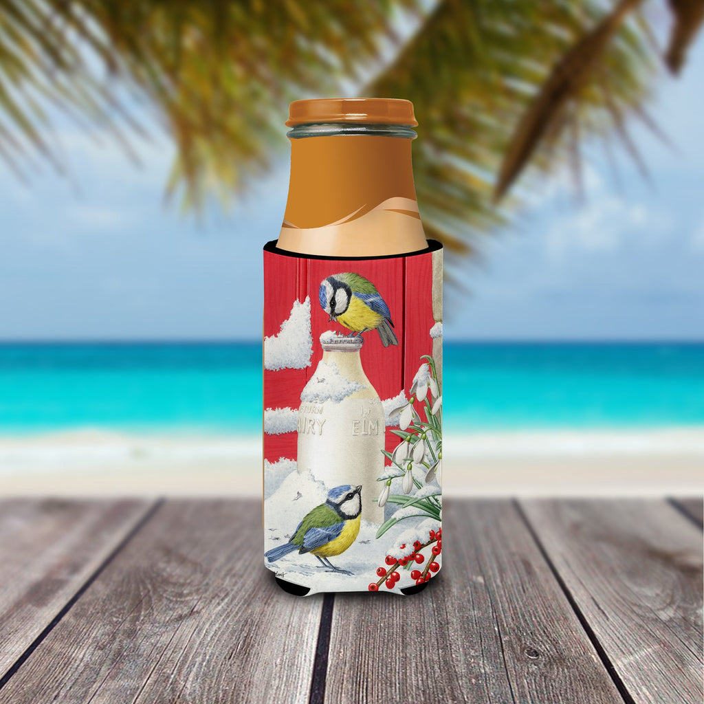 Eurasian Blue Tits Birds & Milk Bottles Slim Can Hugger , Insulated Foam Hugger for 12 oz Slim Cans, Beer Bottles & Water Bottles, Printed in USA