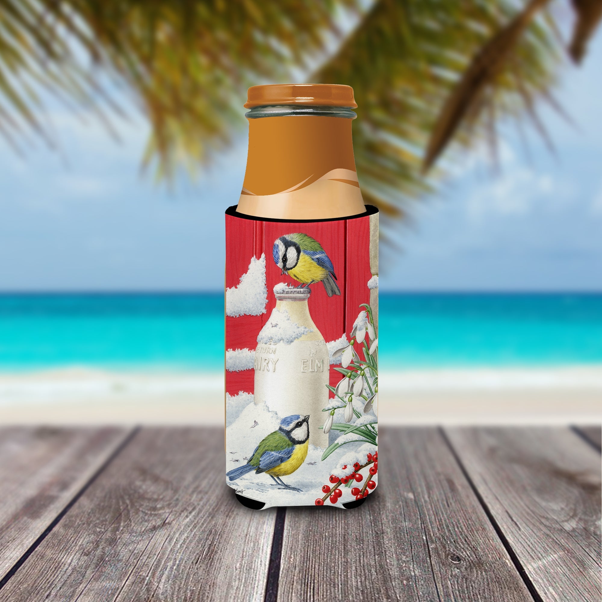 Eurasian Blue Tits Birds & Milk Bottles Slim Can Hugger , Insulated Foam Hugger for 12 oz Slim Cans, Beer Bottles & Water Bottles, Printed in USA