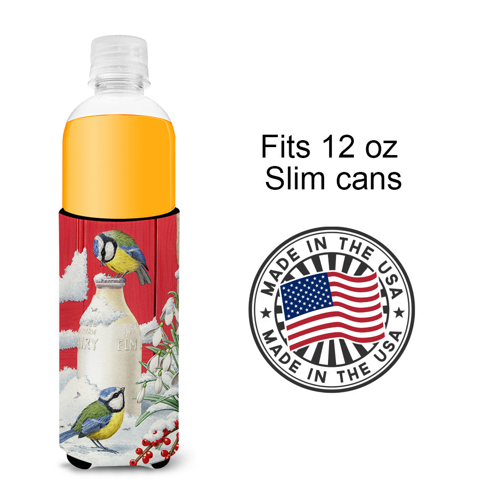 Eurasian Blue Tits Birds & Milk Bottles Slim Can Hugger , Insulated Foam Hugger for 12 oz Slim Cans, Beer Bottles & Water Bottles, Printed in USA