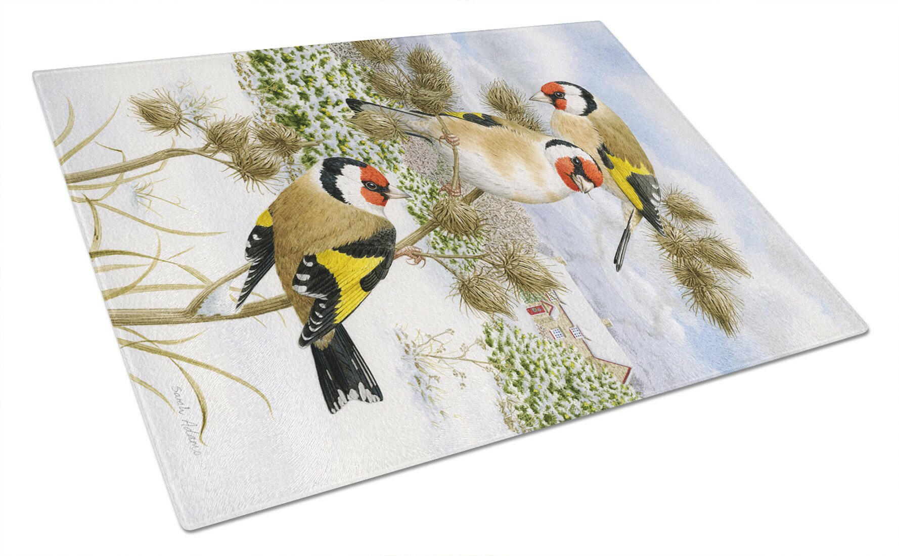 European Goldfinch Cutting Board Tempered Glass Kitchen Cutting Surface, Heat Resistant Chopping, Non-Slip Feet, Food Prep & Serving