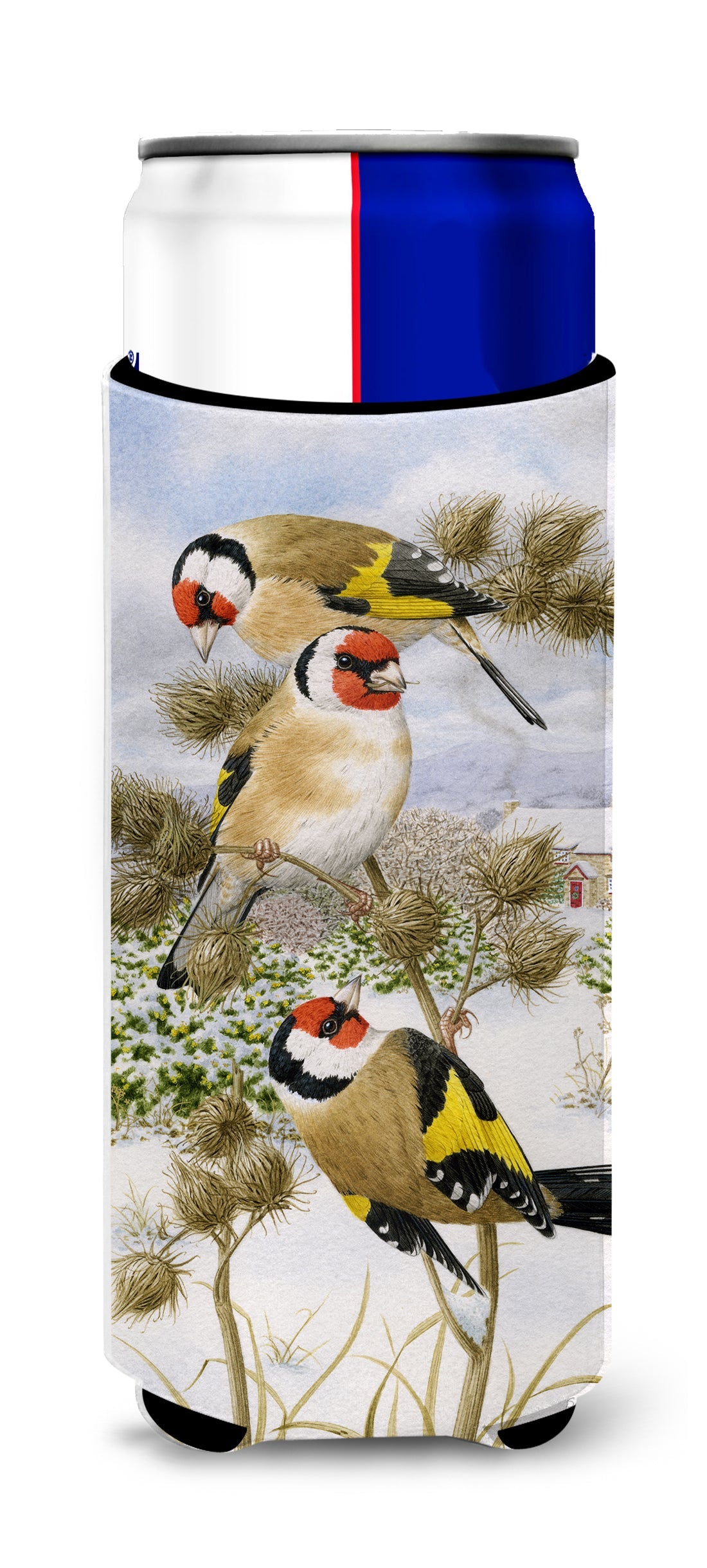 European Goldfinch Slim Can Hugger , Insulated Foam Hugger for 12 oz Slim Cans, Beer Bottles & Water Bottles, Printed in USA