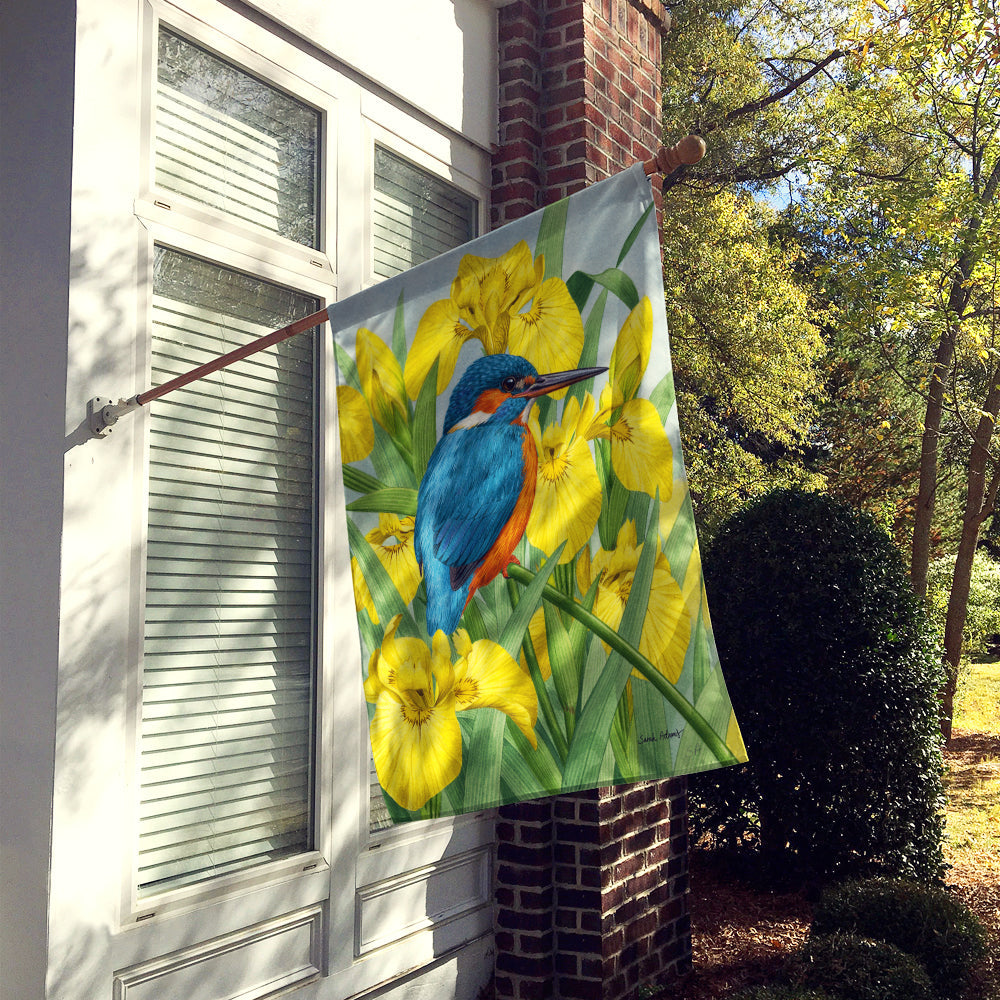 Kingfisher in Yellow Irises House Flag 28x40 Porch Sleeve Pole Decorative Outside Yard Banner Artwork Wall Hanging, Polyester