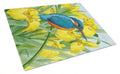 Kingfisher in Yellow Irises Cutting Board Tempered Glass Kitchen Cutting Surface, Heat Resistant Chopping, Non-Slip Feet, Food Prep & Serving