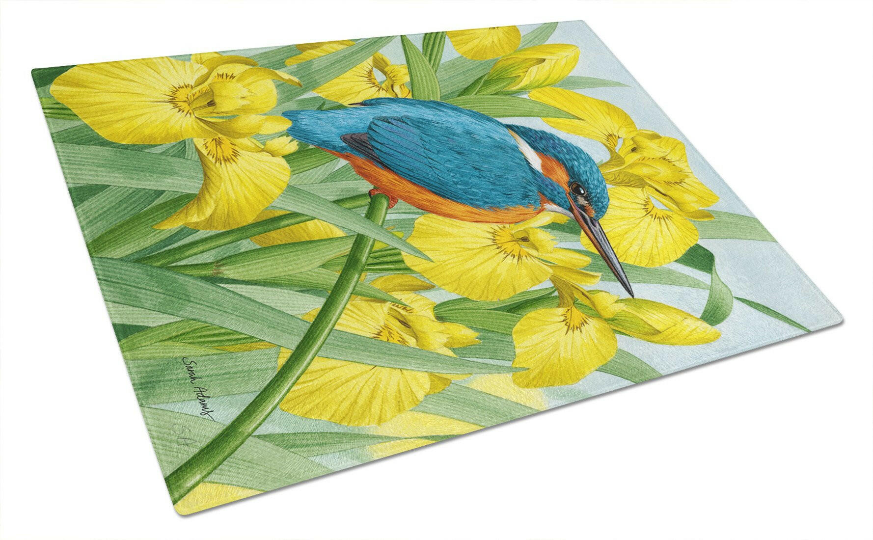Kingfisher in Yellow Irises Cutting Board Tempered Glass Kitchen Cutting Surface, Heat Resistant Chopping, Non-Slip Feet, Food Prep & Serving
