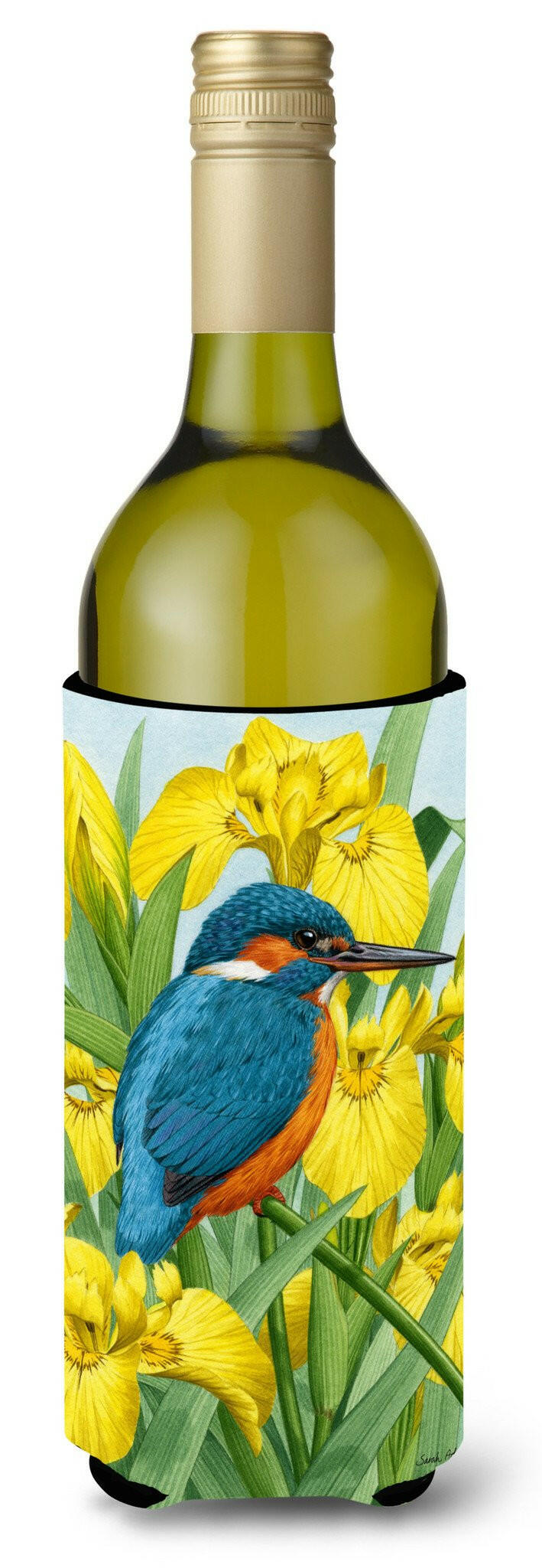 Kingfisher in Yellow Irises Wine Bottle Hugger Gift Sleeve for Standard 750 ml Bottles, Insulated Reusable Also Fits Mini Shot & Pint Bottles