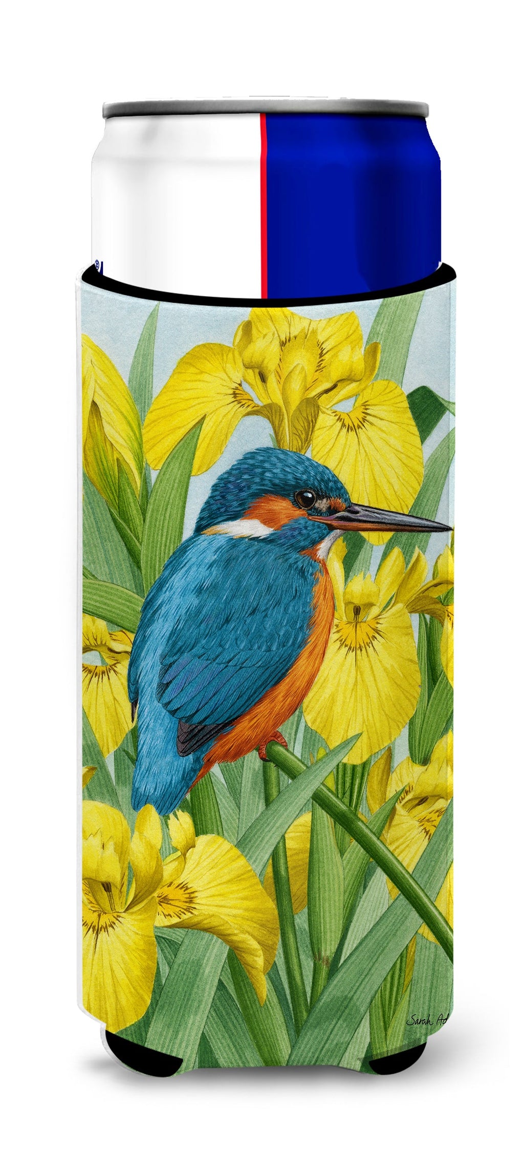 Kingfisher in Yellow Irises Slim Can Hugger , Insulated Foam Hugger for 12 oz Slim Cans, Beer Bottles & Water Bottles, Printed in USA