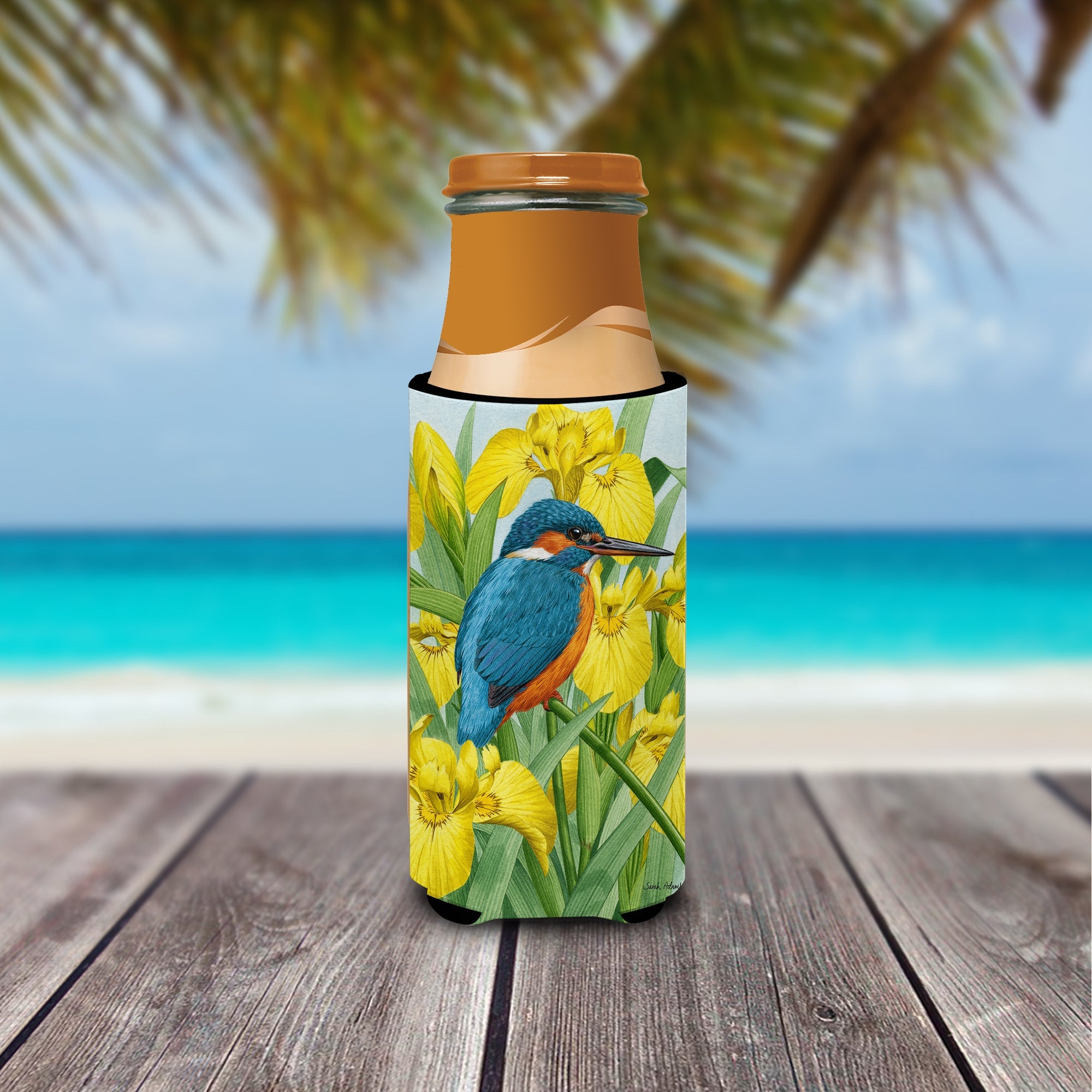 Kingfisher in Yellow Irises Slim Can Hugger , Insulated Foam Hugger for 12 oz Slim Cans, Beer Bottles & Water Bottles, Printed in USA