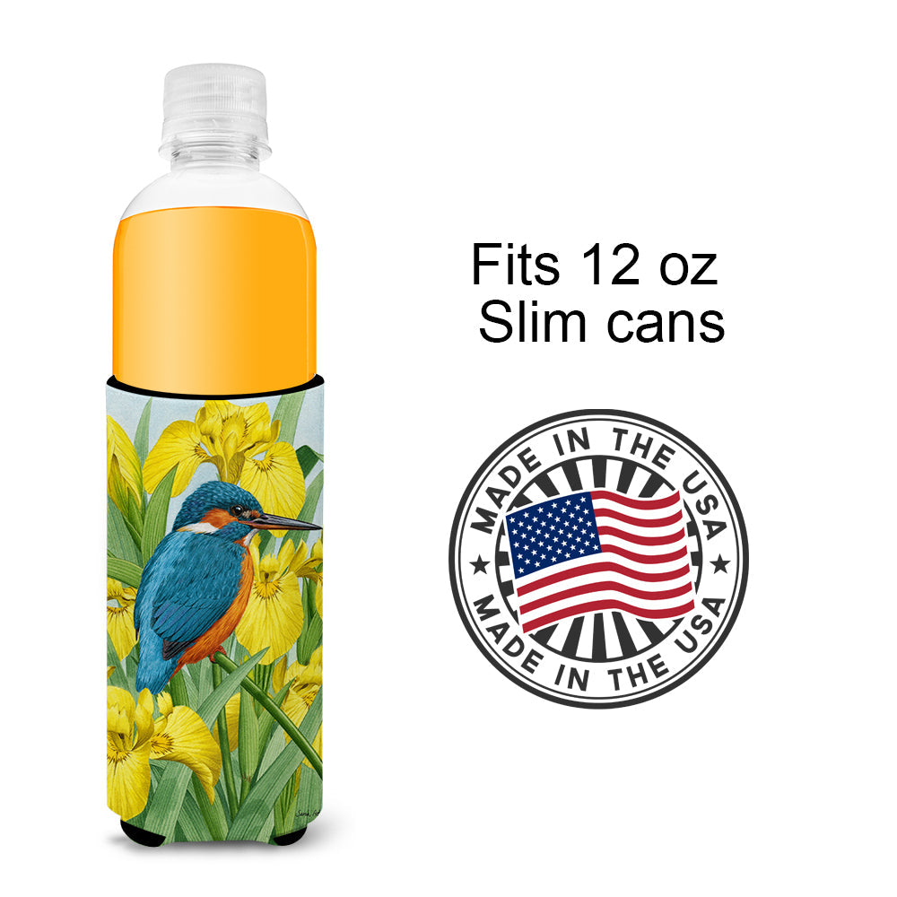 Kingfisher in Yellow Irises Slim Can Hugger , Insulated Foam Hugger for 12 oz Slim Cans, Beer Bottles & Water Bottles, Printed in USA