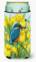 Kingfisher in Yellow Irises Tall Boy Hugger Can Cooler Sleeve Machine Washable Drink Collapsible Insulator Beverage Insulated Holder