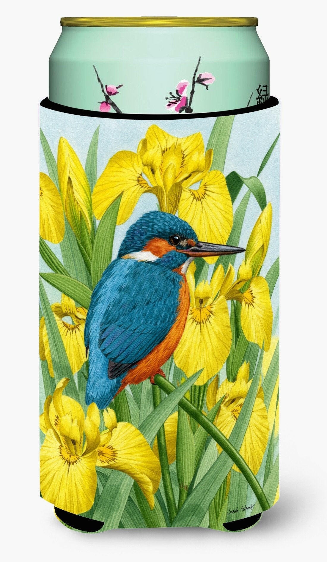 Kingfisher in Yellow Irises Tall Boy Hugger Can Cooler Sleeve Machine Washable Drink Collapsible Insulator Beverage Insulated Holder