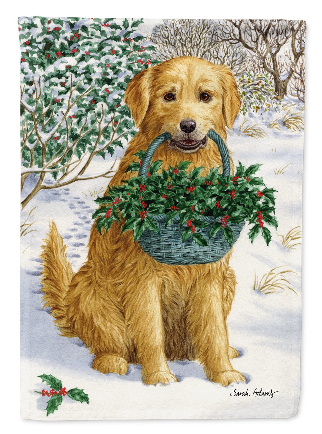 Yellow Labrador & Holly House Flag 28x40 Porch Sleeve Pole Decorative Outside Yard Banner Artwork Wall Hanging, Polyester