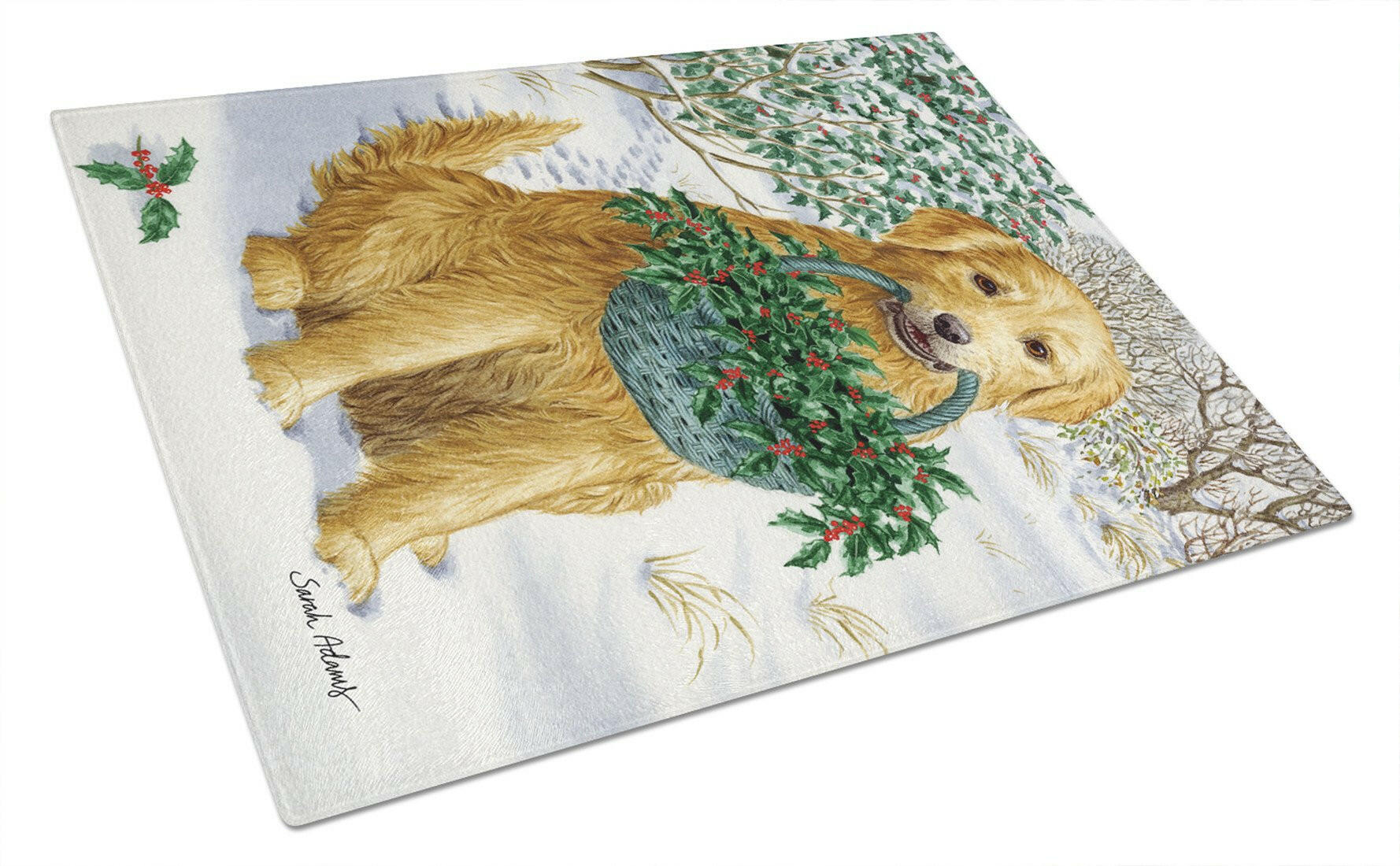 Yellow Labrador & Holly Cutting Board Tempered Glass Kitchen Cutting Surface, Heat Resistant Chopping, Non-Slip Feet, Food Prep & Serving
