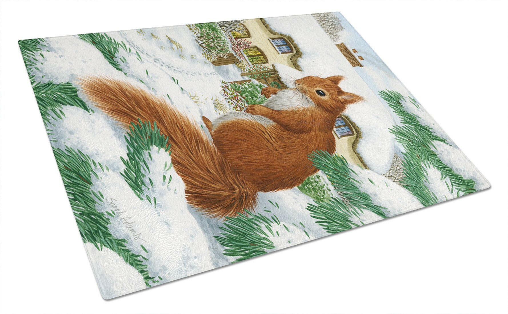 Red Squirrel & Cottage Cutting Board Tempered Glass Kitchen Cutting Surface, Heat Resistant Chopping, Non-Slip Feet, Food Prep & Serving