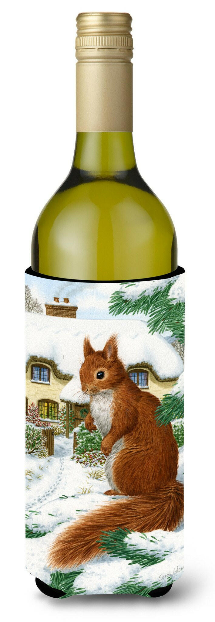 Red Squirrel & Cottage Wine Bottle Hugger Gift Sleeve for Standard 750 ml Bottles, Insulated Reusable Also Fits Mini Shot & Pint Bottles